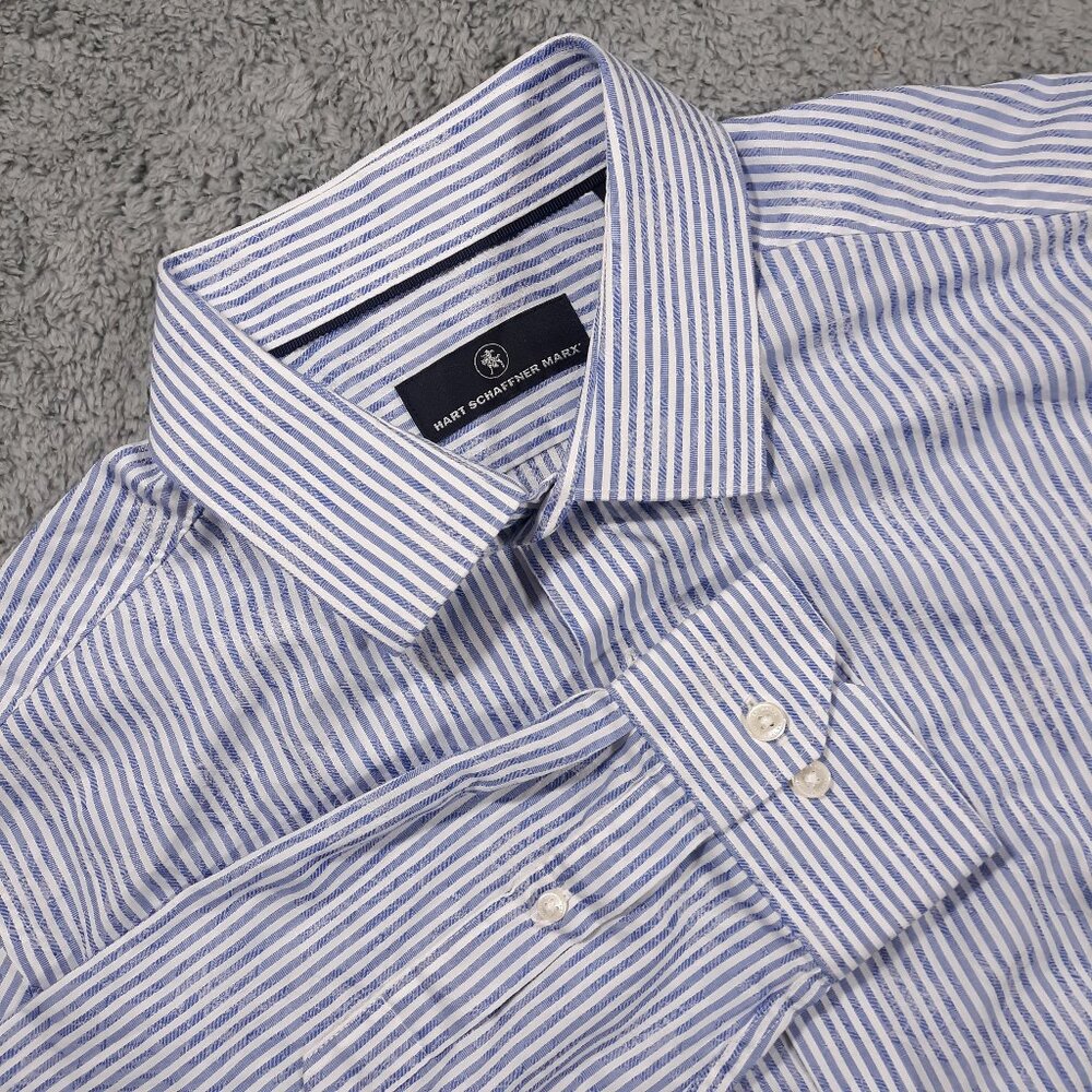 Hart Schaffner Marx Button Up Shirt Mens Size Large Blue Cotton Jacquard